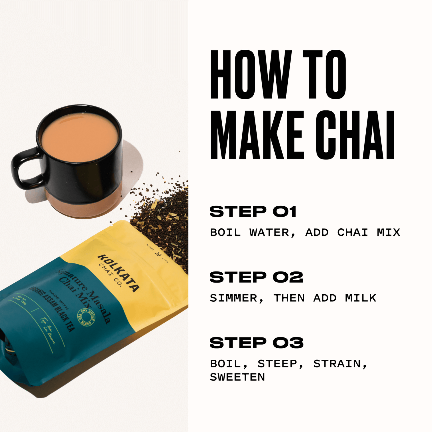 Chai preparation steps with a cup and a packet of chai mix.